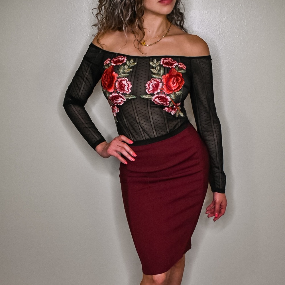 Red stretch pencil skirt